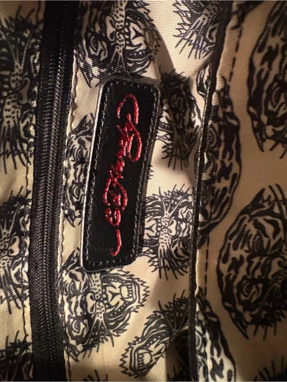 Leopard Print Satchel Handbag with Tattoo Motif - Black Trim - Ed Hardy